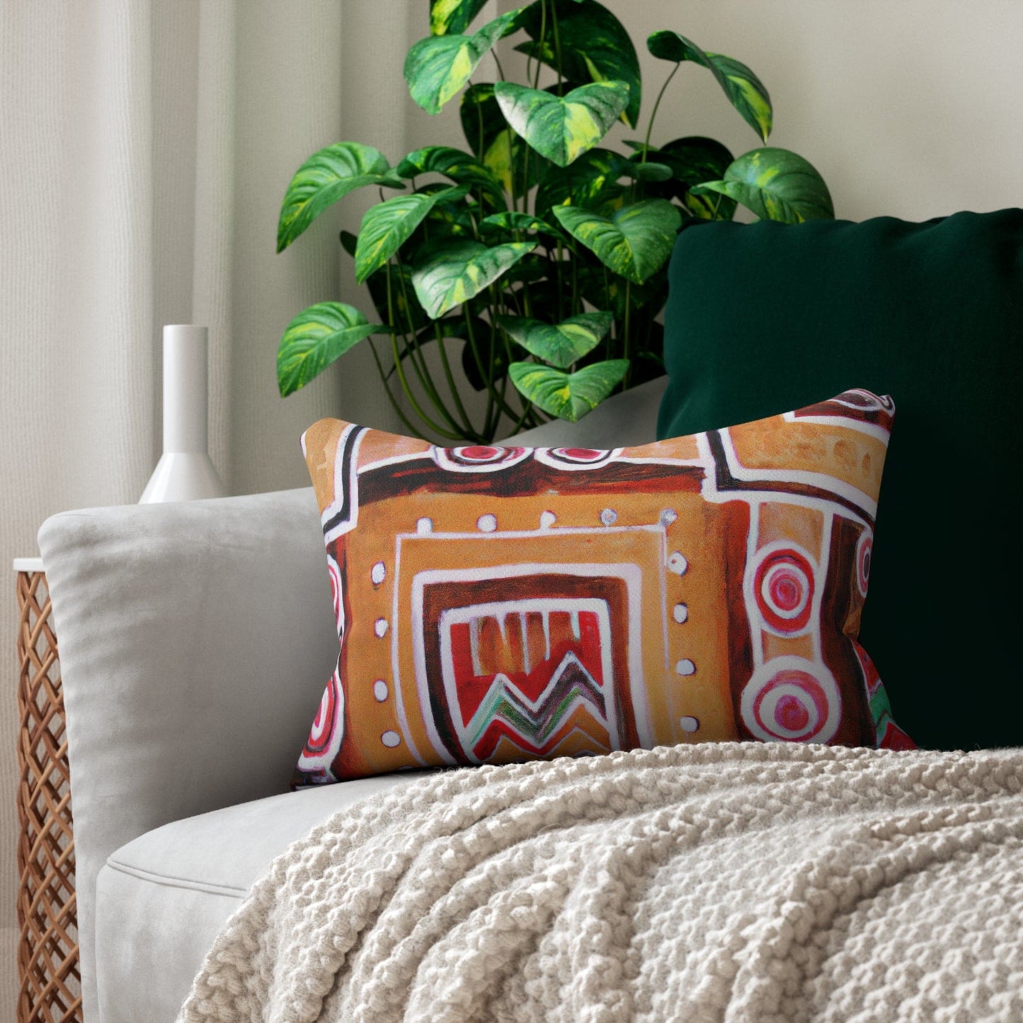 Decorative Lumbar Throw Pillow - Brown Orange Green Aztec Pattern-4